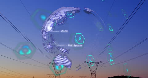 Futuristic Digital Globe Over Power Lines at Sunset