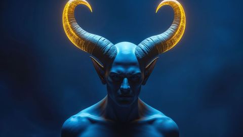 Mythical satan with glowing horns in mystical blue chamber
