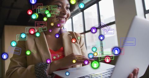 Businesswoman Engaging with Social Media in Office Environment