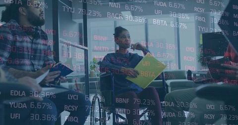 Manager leading diverse team meeting with financial data overlay