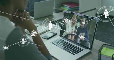Woman watching laptop during virtual meeting with remote collaboration and network overlay