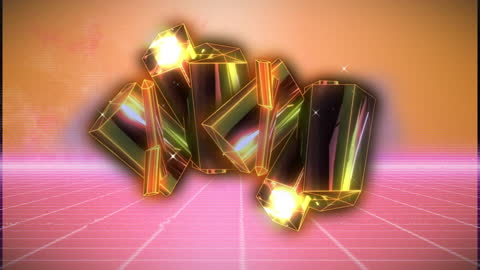 Retro Futuristic Golden Crystals with Grid and Orange Glow