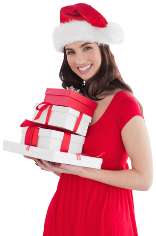 Smiling Woman with Santa Hat Holding Gifts on Transparent Background