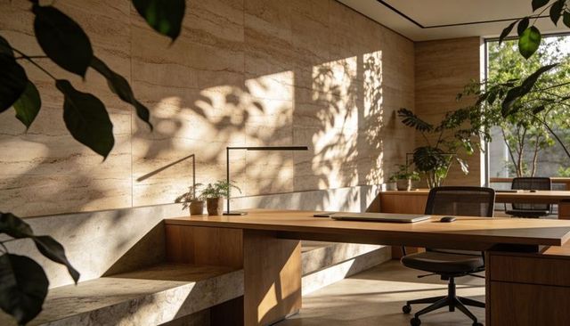 Sunlit modern office interior with wooden desk, mesh chair and lush greenery