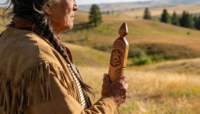 Native elder wearing buckskin and beadwork holding carved prayer staff on golden prairie