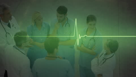 Diverse Medical Team Analyzing Data with ECG Overlay