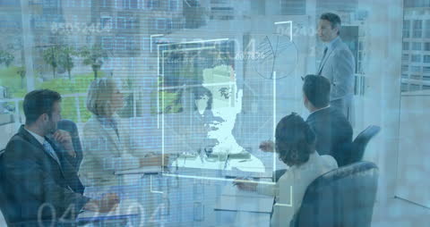 Business Team Analyzing Biometrics and Analytics in Modern Office