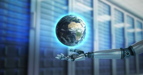 Robotic Hand Presenting Digital Earth in Futuristic Data Center - Download Free Stock Images Pikwizard.com