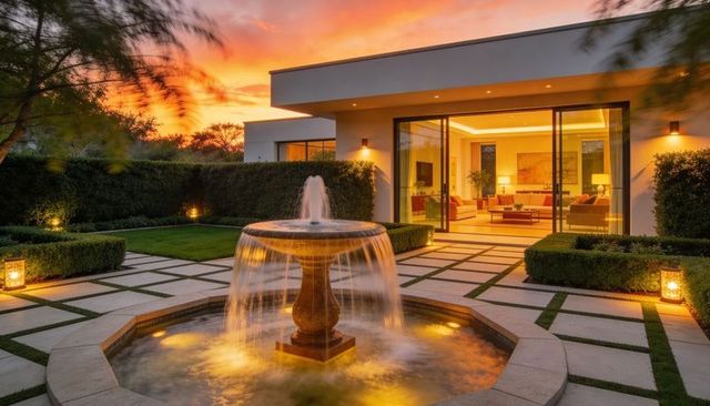 Flowing tiered fountain illuminating modern luxury courtyard at sunset