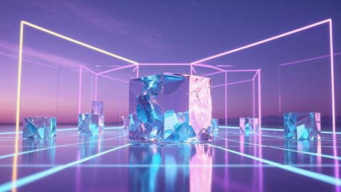 Futuristic crystal cube in neon digital space