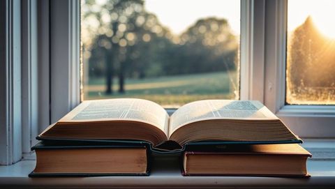 Open book in sunlight on windowsill evokes cozy reading vibe