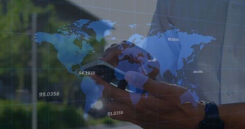 Man Using Smartphone with Global Financial Overlay