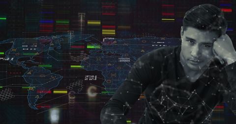 Worried Man with Global Data Processing and Connections - Download Free Stock Images Pikwizard.com