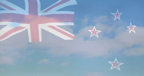 New Zealand Flag Overlaying Blue Sky with Clouds