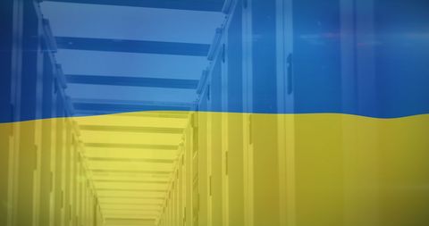 Ukraine Flag Overlay on Data Servers Symbolizing Cybersecurity and Politics