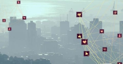 Futuristic Digital Network Over Misty Urban Skyline