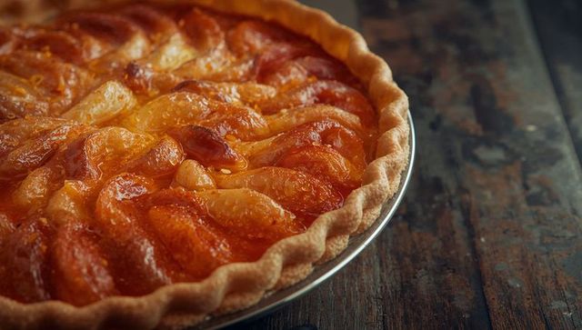 Rustic Glazed Fruit Tart in Metal Pan on Wooden Table