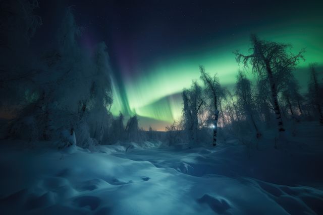 This is a vivid display of the Northern Lights, also known as Aurora Borealis, glowing over a snow-covered wilderness. The illuminated sky adds a mystical glow to the tranquil forest below, with snow covering the ground and trees complete with frosty branches. Great for illustrating concepts of nature's beauty, winter wonderland sceneries, serene wilderness, and polar regions. Versatile for use in travel blogs, nature-focused documentaries, posters, wallpapers, and weather-related presentations.