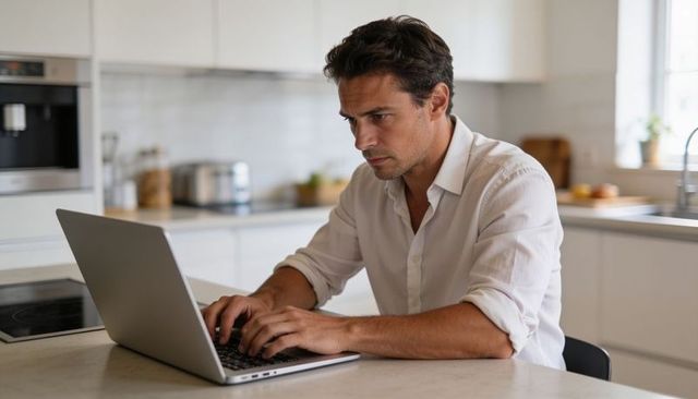 Working remotely on laptop at modern kitchen island, focused professional concentrating
