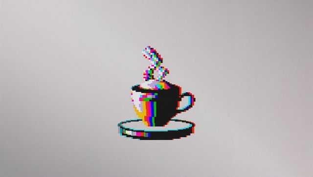 Pixel-art coffee cup with rgb glitch steam on pale gray background minimalist retro 8-bit