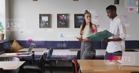 Business-casual team collaborating in shared workspace with social media overlays