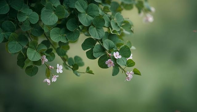 Hanging Vine with Glossy Heart-Shaped Leaves and Pale Pink Five-Petaled Blossoms on Soft Green Bokeh
