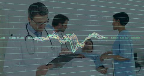 Doctors Analyzing Patient Data in Hospital Room with Health Graph Overlay