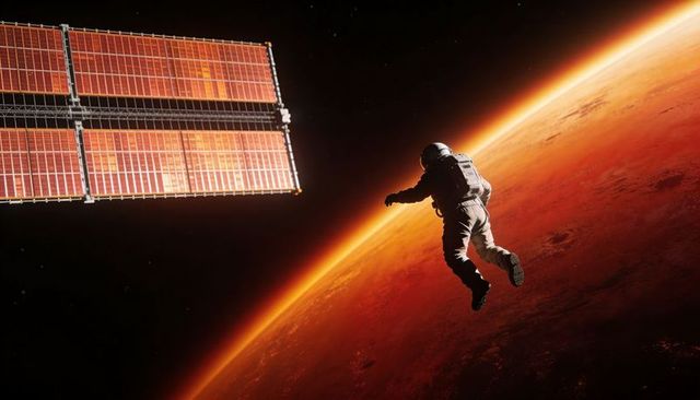 Floating Astronaut Drifting Past Solar Array Above Red Planet Horizon, Dramatic Rim Light