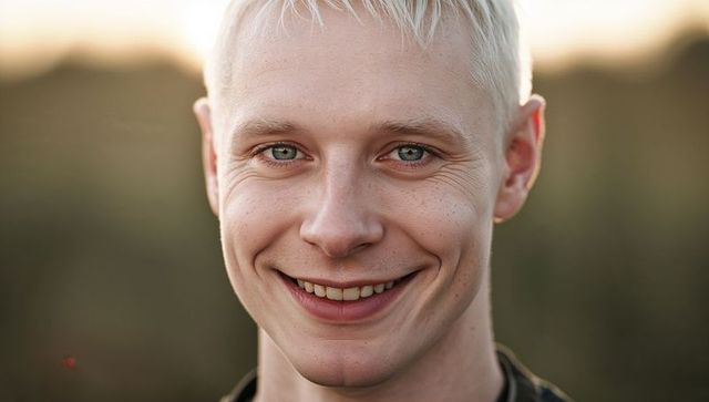 Close-up smiling youthful man with freckles and blond hair during golden hour headshot
