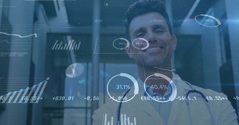Smiling Doctor Analyzing Digital Data in Healthcare Setting