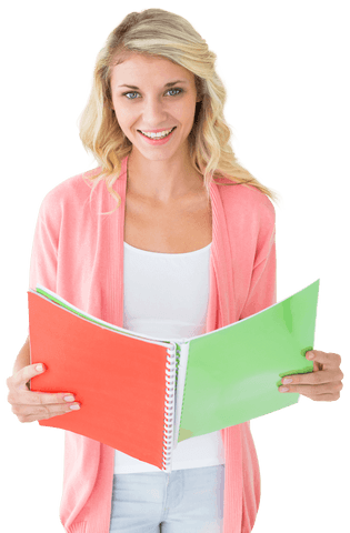 Transparent image of happy woman holding notebooks isolated for learning concepts