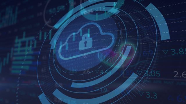 Video depicts a blue cloud with a padlock icon, overlaying a background filled with statistical and stock market data, combining elements of cybersecurity and finance. Useful for illustrating concepts related to data protection, cybersecurity in financial sectors, and secure cloud computing. Perfect for technology blogs, financial reports, cybersecurity presentations, and articles on digital safety.