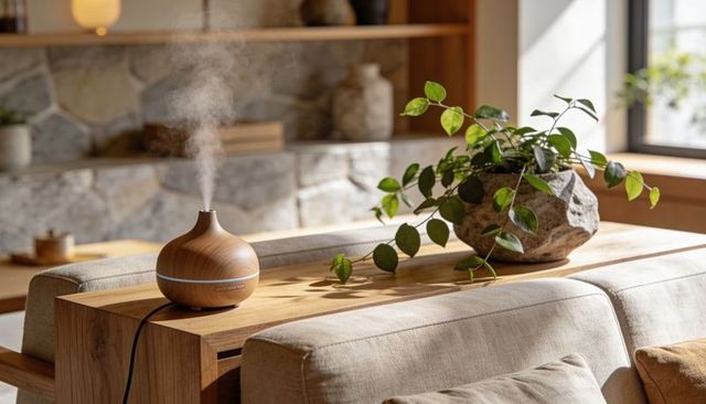 Wood grain diffuser releasing mist on console behind beige sofa with trailing plant