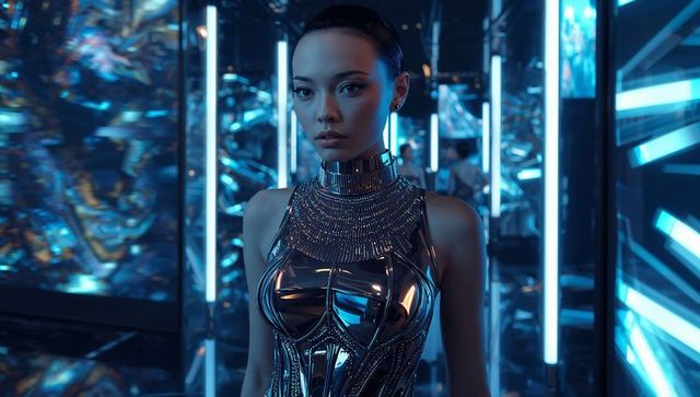 Futuristic Woman in Metallic Dress in Neon Lit Hallway