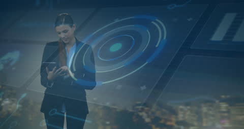 Businesswoman Analyzing Data with Futuristic Interface in Cityscape