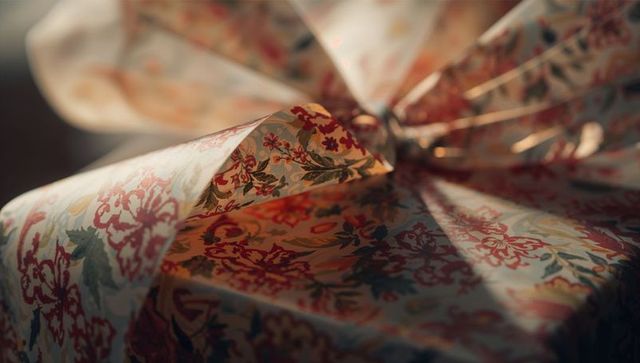 Vintage Floral Gift Wrap with Ruffled Bow Catching Warm Directional Light and Bokeh