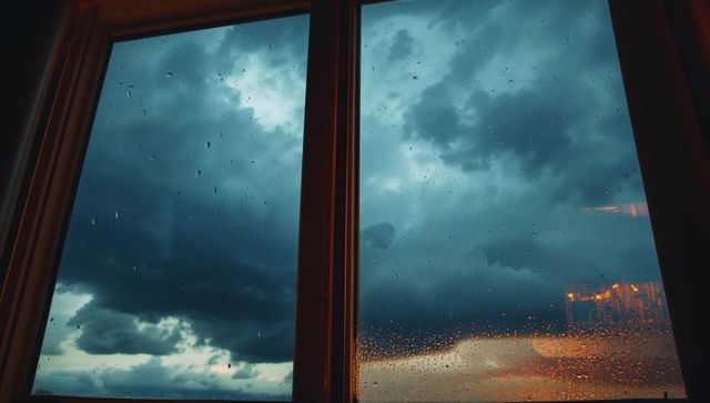 Stormy Sky Through Rain-Covered Glass Window