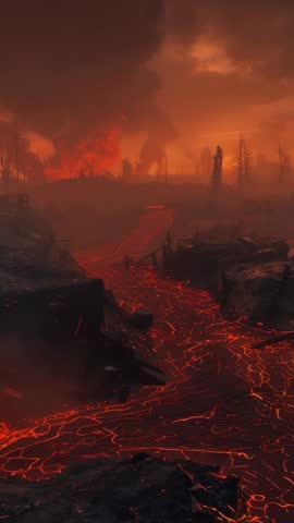Lava river flowing through scorched valley beneath erupting volcano with drifting embers