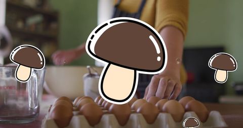 Mushroom icons with woman cooking in kitchen