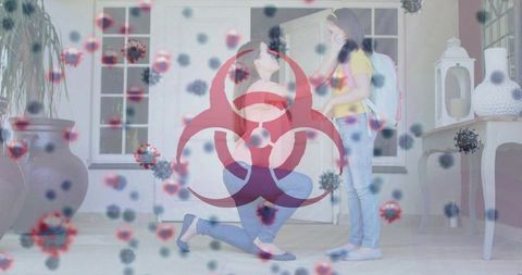 Parent adjusting child's backpack with biohazard overlay for safety theme