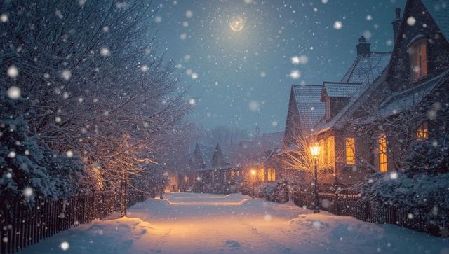 Serene Winter Night with Snow-Covered Street and Warmly Lit Houses