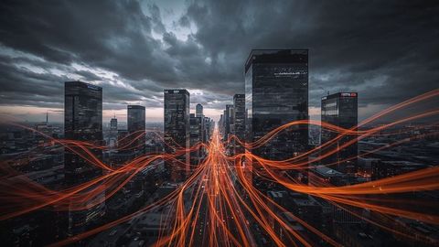 Futuristic Cityscape with Glowing Orange Light Trails at Twilight