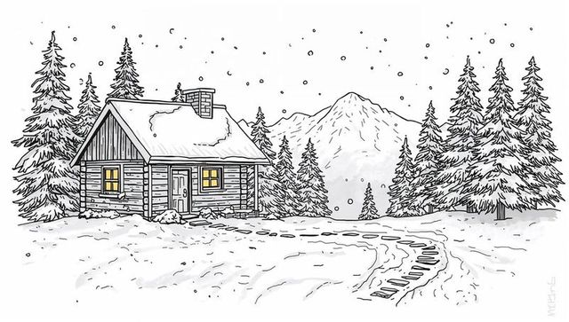 Cozy log cabin glowing from warm windows in snowy pine clearing with mountain backdrop