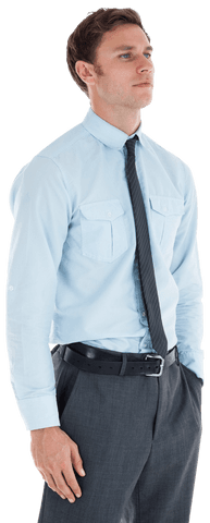 Transparent Businessman in Blue Shirt Standing with Hand in Pocket