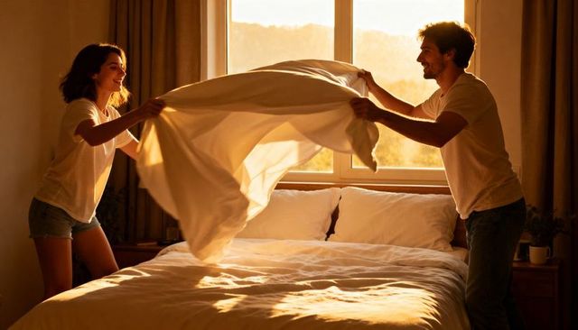 Couple making bed in golden morning light sharing cozy intimate moment of domestic joy