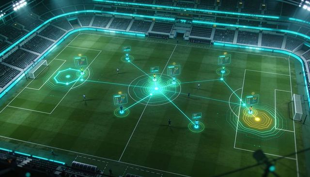 Visualizing football match analytics with holographic tactical overlay at night