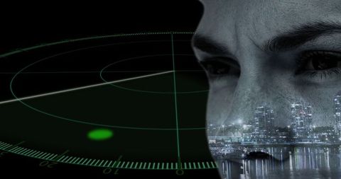 Woman's face with cityscape and radar display overlay