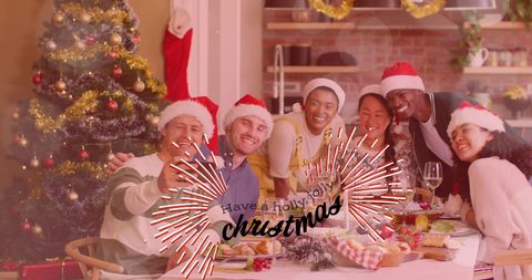 Diverse Friends Celebrating Christmas Dinner With Cheerful Decorations