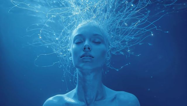 Floating Woman Surrounded by Bioluminescent Filament Halo in Ethereal Blue