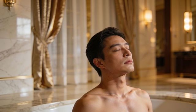 Shirtless man soaking in marble bathtub, eyes closed, enjoying luxurious spa suite retreat
